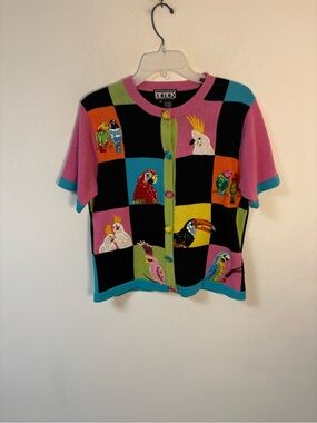 Vintage Berek Multicolor Tropical Birds Patchwork Short-Sleeve Cardigan Medium